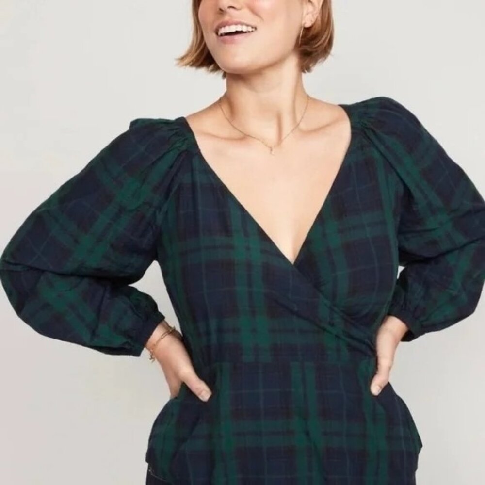 Old Navy Blue Green Black Tartan Plaid Ballon Sleeve Peplum True Wrap Blouse